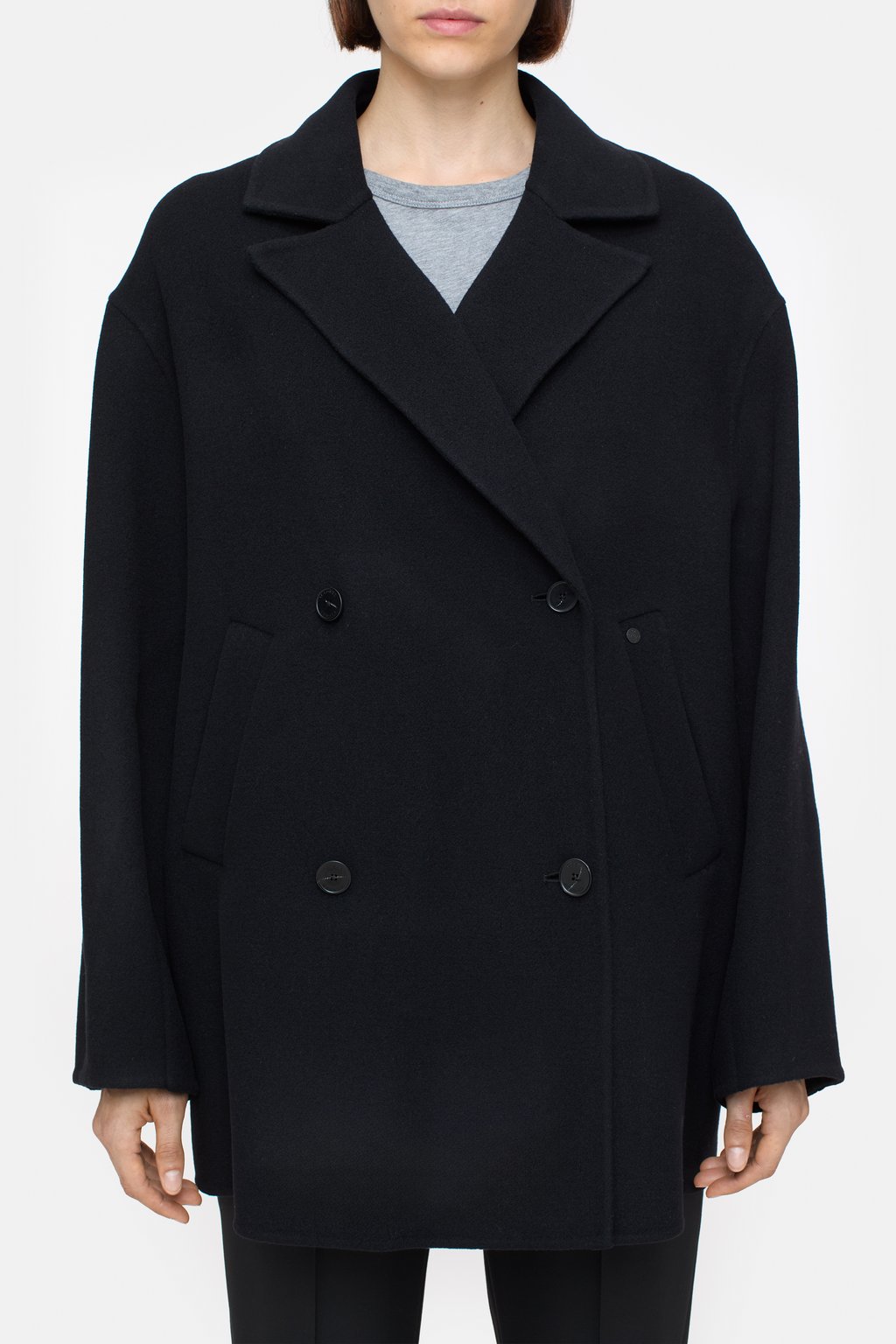 Twill coat with a knitted stand-up collar and slit pockets